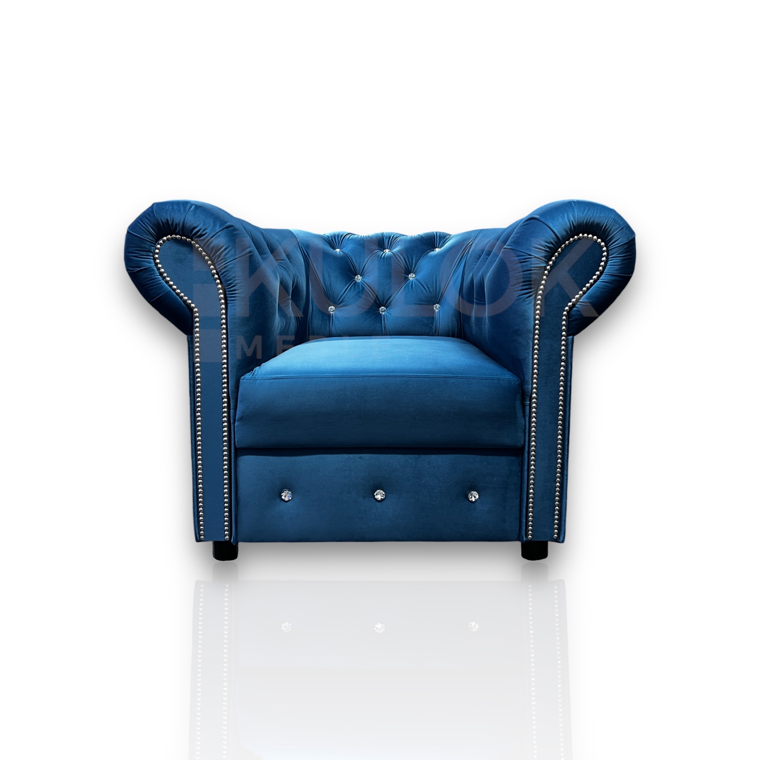 Elegancki Fotel Glamour Chesterfield w niebieskim ciemnoniebieskim - Tkanina Magic Velvet 2203, srebrne Dodatki, Luksus i Styl